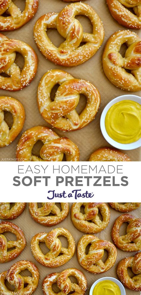 Top image: A close-up view of homemade soft pretzels topped with salt next to a small bowl containing mustard. Bottom image: A top-down view of soft pretzels. Homemade Pretzels Recipe, Pretzel Recipe, Soft Pretzel Recipe, Pretzel Crust, Homemade Pretzels, Homemade Soft Pretzels, Soft Pretzel, Pretzels Recipe, Oreo Dessert