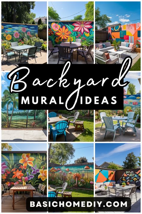 Are you a huge fan of spending lots of time in your backyard and want a unique outdoor feel? If you want to add a splash of color and beauty then be sure to read all about backyard mural ideas for your home. Outdoor Patio Mural Ideas, Garden Graffiti Wall, Easy Fence Mural Ideas, Diy Garden Wall Art, Outdoor House Mural, Backyard Accent Wall, Decorative Outdoor Wall Ideas, Outside Murals Gardens, Funky Backyard Ideas