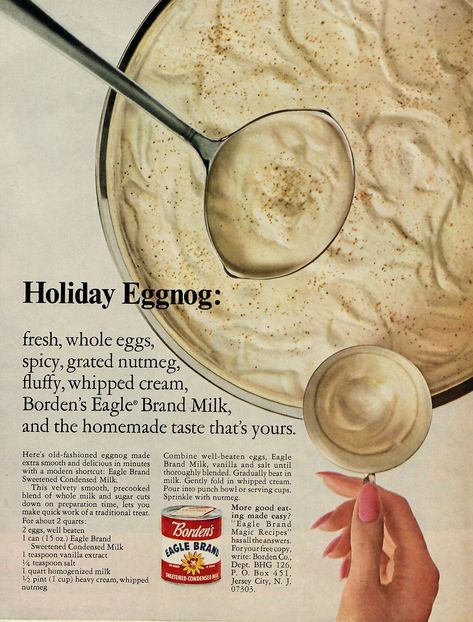 A vintage advertisement recipe for Holiday Eggnog from Eagle Brand Condensed Milk Borden Eggnog Recipe, Eagle Brand Recipes, Vintage Christmas Recipes, Dairy Free Egg Nog, Eggnog Recipe Homemade, Holiday Eggnog, Eagle Brand Milk, The Chunky Chef, Chunky Chef