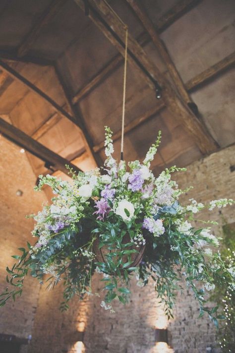 Barn Wedding Flowers, Cripps Barn Wedding, Hanging Centerpiece, Hydrangea Flower Arrangements, Basket Flower Arrangements, Wedding Ceiling, Flowers Hanging, Hanging Flower Baskets, Flower Installation