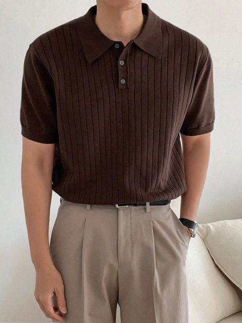 Coffee Brown Casual Collar Short Sleeve Knitwear Plain  Embellished High Stretch  Men Clothing Summer Academia Outfits Men, Brown Outfit For Men, Men Brown Outfit, Brown Tshirt Outfit, Summer Academia Outfits, Warm Tone Outfits, Style Improvement, Guys Outfits, Diy Embroidery Shirt