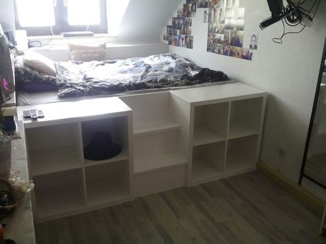 Kallax Twin Bed, Ikea Kallax Bed Hack, Ikea Shelf Bed, Kallax Bed, Box Room Bedroom Ideas, Bed In Closet Ideas, Diy Storage Bed, Diy Loft Bed, Diy Bunk Bed