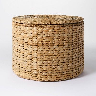 Woven Storage Ottoman Natural - Threshold™ Designed With Studio Mcgee : Target Rattan Storage Ottoman, Ikea Woven Ottoman, Storage Ottoman Seat, Boho Blanket Storage, Living Room Decor With Black Accents, Basement Blanket Storage, Decorative Blanket Storage, Seagrass Ottoman, Small Ottoman With Storage