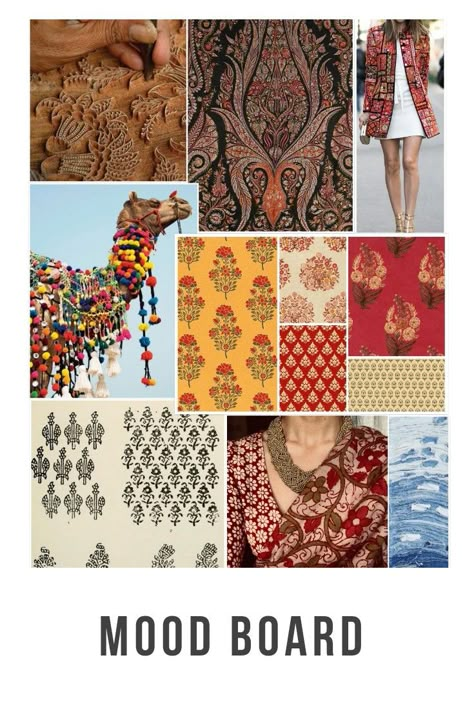 Textile Design Mood Boards, Interior Design Textile Mood Board, Ethnic Wear Inspiration Board, Bridal Mood Board Indian, Indian Prints And Patterns Textiles, Bohemian Mood Board Fashion, Rajasthani Mood Board, Indian Textiles Aesthetic, Indian Fashion Sketches