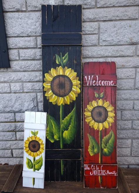 Summer Porch Signs, Sunflower Sign, Wooden Welcome Signs, Porch Welcome Sign, Summer Porch, Diy Wood Signs, Wood Shutters, Sunflower Decor, Painted Wood Signs