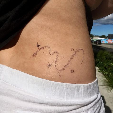 Aesthetic Space Tattoo, Galaxy Hip Tattoo, Under The Stars Tattoo, Cosmic Star Tattoo, Sparkle Trail Tattoo, Milky Way Tattoo Galaxies, Night Sky Tattoo Starry, Milky Way Galaxy Tattoo, Milkyway Tattoos