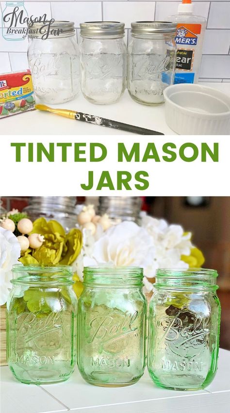 Tinting Mason Jars Diy, Tinting Glass, Easy Mason Jar Crafts Diy, Mason Jar Breakfast, Tinted Mason Jars, Easy Mason Jar Crafts, Easter Mason Jars, Painting Glass Jars, Library Work