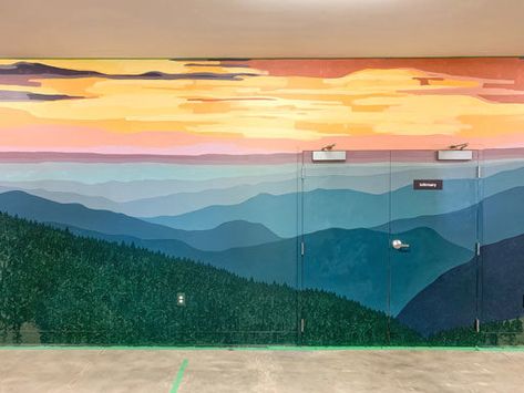 ymca camp Watia mural Concrete Wall Mural Outside, Landscape Mural Painting, Camping Mural, Lake Mural, Nature Murals, Lincoln Nh, Nature Mural, Mural Landscape, Cabin Resort