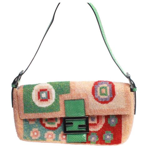 Fendi multi needle point beaded baguette bag with green snakeskin strap and clos at 1stDibs Fendi Micro Peekaboo, Fendi Spy Bag, Pastel Leather, Fendi Baguette Bag, Baguette Bags, Fendi Bag, Fendi Peekaboo, Chanel Flap Bag, Needle Point