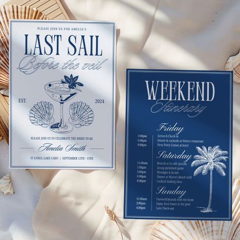 It's her last sail before the veil! 🍸🛳💍 Time to celebrate with this ocean inspired bach social club bachelorette weekend itinerary, for a hens party getaway like no other! This nautical bachelorette party invite set is easy to edit, ready for your sailor themed bachelorette party. Planning a sailing bachelorette party weekend for the beach loving bride to be just got easier! With these stunning bach social club themed bachelorette invitation & bachelorette weekend itinerary editable templa... Hamptons Bachelorette Party Theme, Last Sail Before The Veil Bachelorette, Sailing Bachelorette Party, Bach Itinerary, Club Invitation, Last Sail Before The Veil, Bachelorette Cocktails, Club Bachelorette, Nautical Bachelorette Party