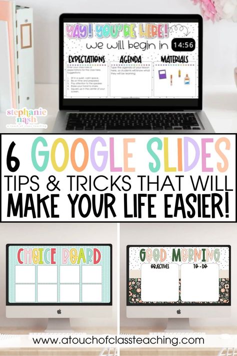 These 6 Google Slides tips and tricks will help make your life in the classroom so much easier, especially if you are struggling with transitions and time management as a teacher. Plus, I share how you can add countdown timers to any PowerPoint slideshow, which is a perfect tool to use during center rotations and transition periods in the classroom! Daily Google Slides For Classroom, Preschool Google Slides, How To Make Cute Google Slides, Interactive Google Slides, Teacher Slides Template, Teacher Google Slides Ideas, Google Slides Tips And Tricks, Teacher Slide Template, Canva In The Classroom