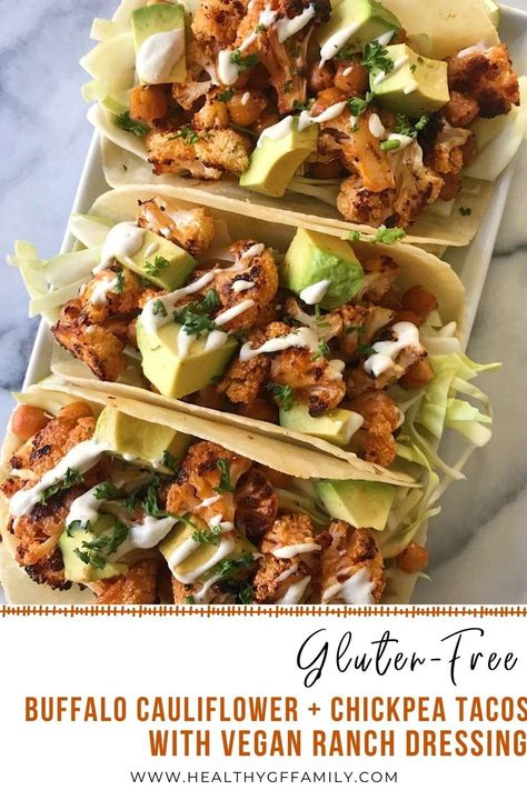 Tacos coming in hot! An easy and unbelievably delicious gluten-free and plant based meal. Spicy baked Buffalo cauliflower & chickpeas paired with shredded cabbage, creamy avocado and a dreamy Vegan ranch dressing. Taco Ranch Bites, Cajun Ranch, Chickpea Taco, Cauliflower Chickpea, Baked Buffalo Cauliflower, Vegan Breakfast Options, Chickpea Tacos, Plant Based Meal, Gluten Free Tacos