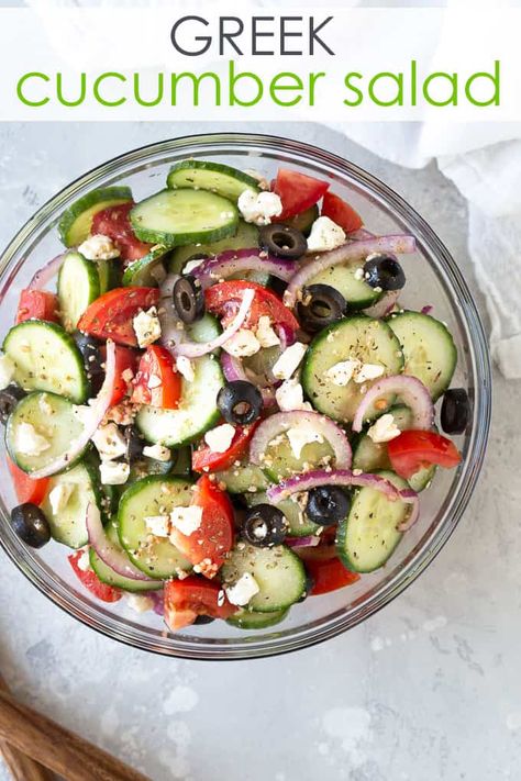 Cucumber Tomato Onion Feta Salad, Cucumber Salad With Feta Cheese, Greek Cucumber Tomato Salad, Black Olive Salad, Bethlehem Dinner, Cucumber Red Onion Salad, Greek Cucumber, Homemade Greek Dressing, Cucumber Feta Salad