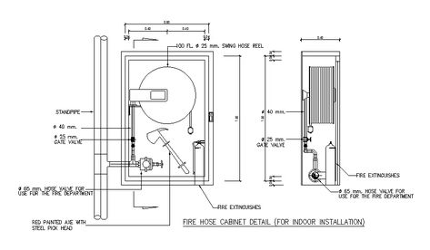 the fire house cabinet plan and side section CAD drawing that shows fire hose cabinet detail for indoor installation detail DWG file. Download the Autocad file. Fire Hose Cabinet, Cabinet Detail, Fire Protection System, Fire House, Cabinet Plans, Cabinet Detailing, Drawing Block, Cabinet Dimensions, Fire Hose