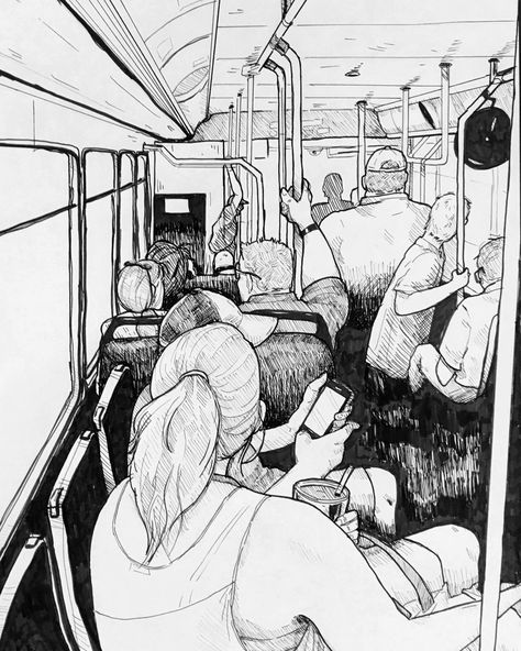 Pen drawing maybe for my AP Art breadth portfolio - Crowded Bus Crowded Street Drawing, Crowded Bus Illustration, Inside Bus Illustration, Bus Stand Drawing In Perspective, Inside Bus Drawing, Bus Drawing Sketch, Crowded Place Drawing, Crowd Drawing Reference, Inside Train Drawing