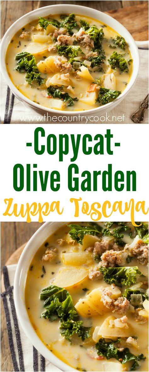 Copycat Olive Garden Zuppa Toscana recipe from The Country Cook. I think it's even better than the one you get at Olive Garden - SO good! Slow Cooker Soup Recipes Easy, Copycat Olive Garden Zuppa Toscana, Copycat Olive Garden Zuppa, Sup Daging, Olive Garden Zuppa, Olive Garden Zuppa Toscana, Toscana Recipe, Copycat Olive Garden, Toscana Soup