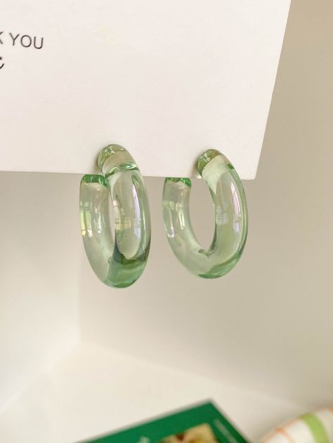 Green Fashionable Collar  Plastic  Hoop Embellished   Jewelry Plastic Hoop Earrings, Cute Green Earrings, Light Green Accessories, Green Accessories Outfit, Green Earrings Aesthetic, Secret Aesthetic, Green Hoop Earrings, Rainbow Closet, Plastic Hoop