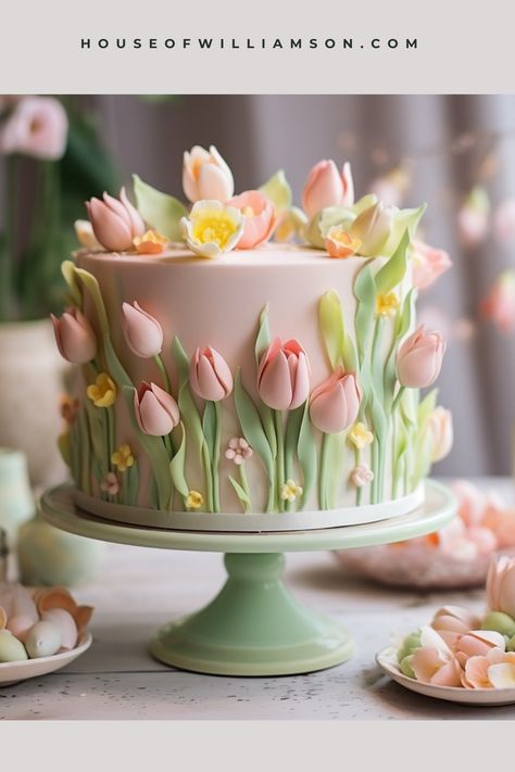 Easter Cake Decorating, Tulip Cake, Pretty Pastel Colors, Flower Cake Design, Torte Creative, Patisserie Fine, Spring Cake, Easter Cake, Creative Birthday Cakes