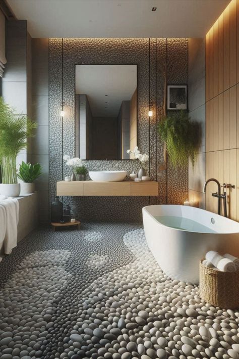 Bring the outdoors in with these natural pebble tiles. Create a spa-like atmosphere right in your own bathroom. #PebbleTiles #SpaInspired Stones Shower Floor, Pebble Wall Bathroom, Rock Shower Floor Ideas, Natural Stone Flooring Bathroom, Shower Bath Combo, Stone Floor Bathroom, Pebble Tiles, Rock Shower, Tiles Ideas