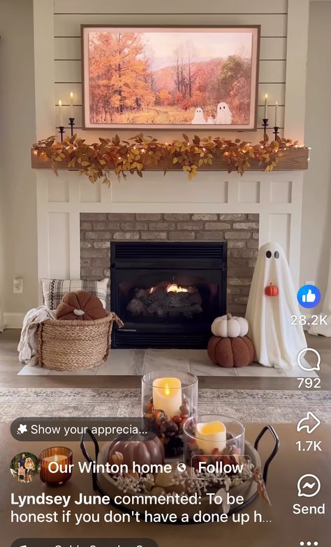 Fall Stone Fireplace Decor, Chimney Decor With Tv, Fall Chimney Decor, Decorated Fireplaces, Mantle With Tv, Stone Fireplace Decor, Chimney Decor, Fireplace Decor, Stone Fireplace