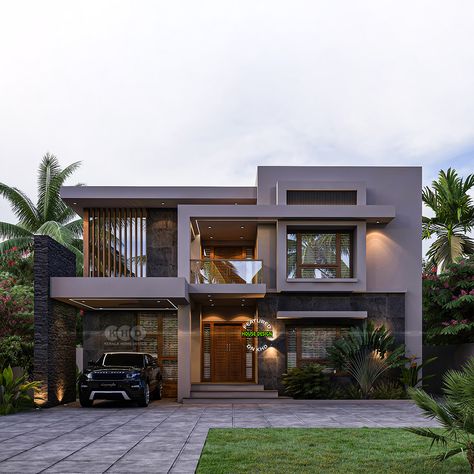 Sober colored flat roof house Small House Design Kerala, Home Front Elevation, Front Elevation Design, Modern Bungalow Exterior, 3 Storey House Design, Modern Elevation, Kerala House, House Design Trends, Contemporary House Exterior