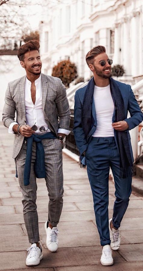 Grey and Blue Suits with White Sneakers Suits And Sneakers, Best White Sneakers, White Sneakers Outfit, Stylish Mens Suits, Blue Suit Jacket, Mens Business Casual Outfits, Blue Suits, Grey Suit Jacket, White Sneakers Men