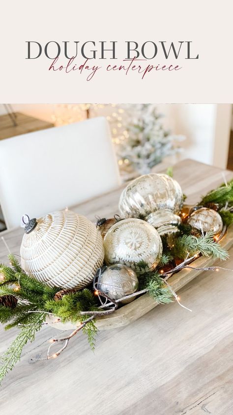 During the holidays, a dough bowl filled with greenery, lights and ornaments is one of the easiest centerpieces to make! I love how this… | Instagram Simple Christmas Centerpieces For Table, Christmas Bowl Decorations, Megan Murphy, Christmas Entry, Pottery Barn Christmas, Christmas Tabletop Decor, Christmas Table Centerpieces, Christmas Centerpieces Diy, Christmas Decor Inspiration