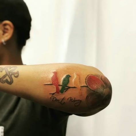 Three little birds -Bob Marley Grenada Tattoo Ideas, Jamaican Tattoos Ideas, Jamaican Inspired Tattoos, Jamaica Tattoo Ideas Men, One Love Tattoo Bob Marley, Grenada Tattoo, Jamaican Tattoo Ideas For Men, Three Little Birds Tattoo Bob Marley, 3 Little Birds Tattoo Bob Marley