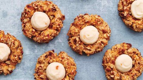 Carrot-Cake Thumbprint Cookies Martha Stewart Carrot Cake Cookies, Carrot Cake Thumbprint Cookies, Martha Stewart Carrot Cake Thumbprint Cookies, Easter Thumbprint Cookies, Thumbprint Cookies Christmas, Healthy Easter Dessert, Cookies Spring, Cookies Making, Easter Cookie Recipes