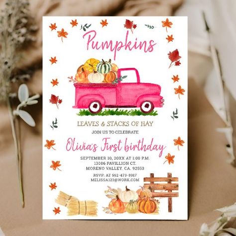 $2.09 | Pumpkin, Hay, Leaves, Fall Birthday Pink Truck - our little pumpkin, little pumpkin 1st birthday, little pumpkin turning one, 1st birthday invitation, fall birthday party invitation, fall autumn invite, hay leaves fall birthday party, stack oh hay, fall pink truck, girl pumpkin birthday Pink Pumpkin Birthday Party, Fall Birthday Party, Hot Pink Birthday, Pink First Birthday, Pumpkin Birthday Parties, Birthday Party Pink, Pumpkin 1st Birthdays, Pumpkin First Birthday