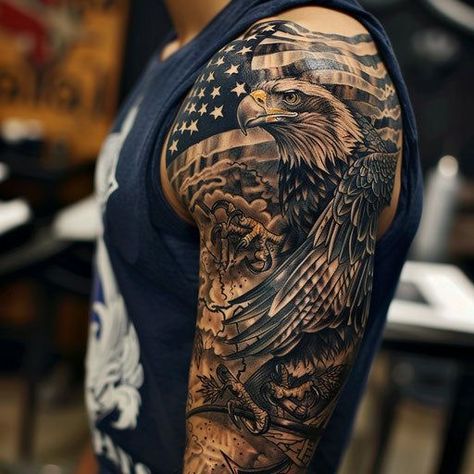 American Flag With Eagle Tattoo, Men’s Traditional Arm Sleeve, Men’s One Arm Sleeve, Western Full Sleeve Tattoo, Men’s Half Sleeve Tattoo Upper Arm, Mens Sleeve Tattoo Ideas Family, Army Veteran Tattoo, Color Tattoos Men, Men’s Family Arm Sleeve Tattoo