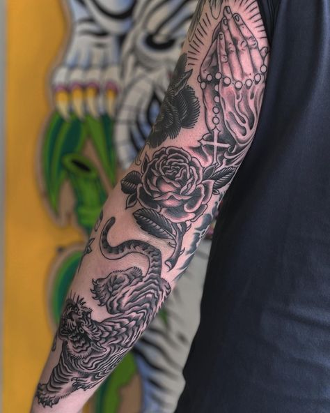 Full black and grey patchwork style sleeve from Liam Harbison! You can always start with one tattoo and add more and more - thats the best part about this style! We know how to fit that space perfectly! Black And Grey Patchwork Tattoo, Patch Tattoo Black And Grey, Black And Gray Patchwork Sleeve Tattoo, Black And Gray Neo Traditional Tattoo, Neo Traditional Patchwork Sleeve, Neo Traditional Black And Grey, First Tattoo, Black And Grey, Instagram Profile