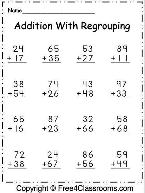 Addition With Regrouping Worksheets, Subtraction With Regrouping Worksheets, Free Addition Worksheets, Regrouping Addition, Third Grade Math Worksheets, Addition With Regrouping, Mental Maths Worksheets, Worksheets For Class 1, Math Addition Worksheets