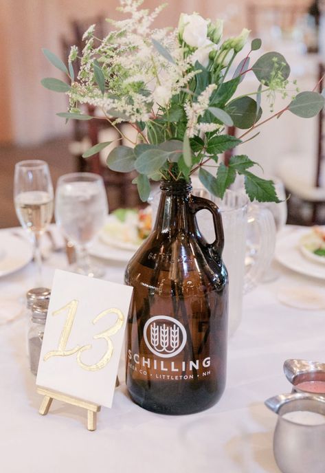 Growler Wedding Decorations, Growlers Wedding Decor, Wedding Growler Centerpiece, Beer Can Table Decorations, Beer Themed Wedding Decorations, Beer Themed Centerpieces, Brewery Wedding Centerpieces, Beer Growler Decor, Brewery Themed Wedding