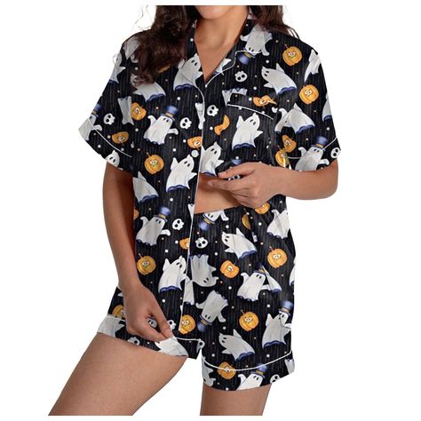 PRICES MAY VARY. Halloween Pajamas Women Material: Satin pajama set made from 95% Polyester and 5% Spandex, the incredibly soft fabric offers you a whole night of comfort and enjoyment Halloween Pajamas Features: Button up pajamas for women casual open-front pajamas with button design for easy on and off. Funny halloween printed,Halloween pumpkin,ghost,Skeleton,skull,bat pattern pjs set,The loose and comfortable design ensures the garment doesn't burden your body, making it ideal for lounging at Halloween Pajamas Women, Summer Pajamas Women, Halloween Pjs, Ghost Skeleton, Summer Pajama Set, Pjs Set, Pajama Bottoms Womens, Shirts And Shorts, Satin Pajama Set