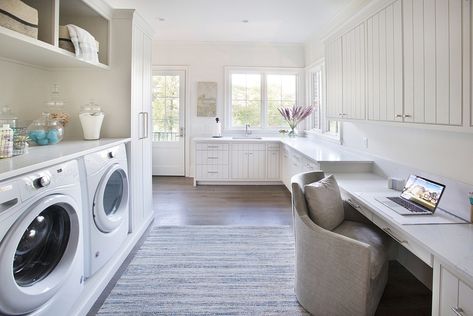 This laundry room multi-tasks as a central hub for not only laundry but household management, organization and more. Laundry Room Pantry, Laundry Craft Rooms, White Laundry Rooms, Pantry Laundry Room, Dream Laundry Room, Mudroom Laundry Room, White Laundry, Laundry Room Storage, Laundry Mud Room