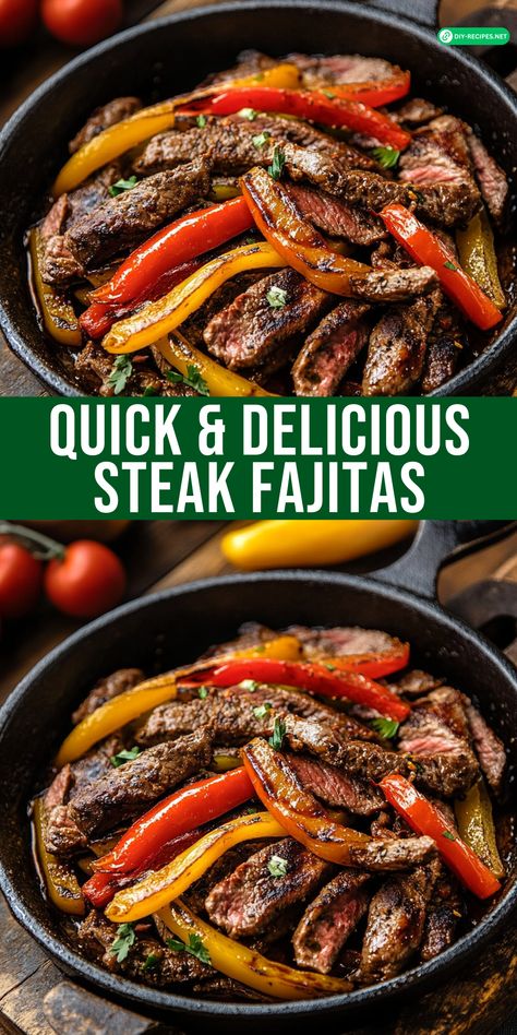 Make quick and delicious Steak Fajitas for dinner tonight! Marinated steak, sautéed peppers, and all the best toppings – ready in no time. One Pot Fajitas, Easy Sheet Pan Steak Fajitas, My Heavenly Recipes Steak Fajitas, Grilled Steak Fajita Recipe, Easy Steak Fajitas Skillet, Fajitas Steak Recipes, Best Steak For Fajitas, Steak And Bell Pepper Recipes, Beef Fajita Meat Recipes