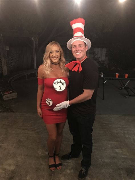 Halloween Couple Costume Pregnant, Cute Pregnant Couple Halloween Costumes, Newly Pregnant Halloween Costumes, Holloween Costume Ideas For Pregnant Women, Cat In The Hat Thing 1 Thing 2 Costume, Maternity Couples Costumes, Preggo Halloween Costume, Pregnant Woman Halloween Costumes, The Cat In The Hat Costume