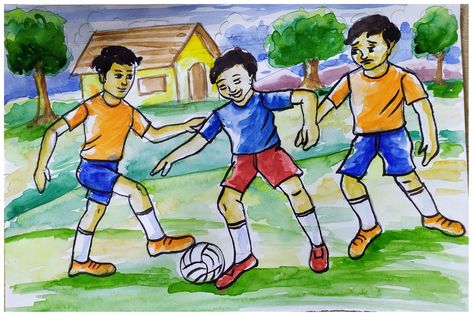 Drawing kids playing football step by step sketch and painting for beginners. Please watch on YouTube, link is in web. Subscribe please. Football Memory Drawing, Memory Drawing For Elementary Exam, Playing Football Drawing, Football Drawing Easy, Kids Playing Drawing, Memory Drawing Sketches, Intermediate Drawing, Drawing Football, Football Painting