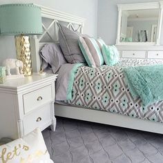 Fresh for the new year! Soothing colors, geometric pattern and a bit of bling make this space a cool retreat. (: @memehillstudio) #MakeHomeYours #foundathomegoods Bedroom Color Combination, Bedroom Trends, Decorating Home, Room Color Schemes, Bedroom Color Schemes, Master Bedrooms Decor, Paint Colors For Home, Hallway Decorating, Bedroom Colors