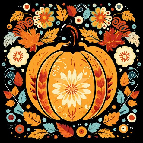 Mexican Fall Aesthetic, Folk Art Pumpkin, Autumn Folk Art, Vintage Pumpkin Illustration, Fall Design Ideas, Cute Fall Art, Halloween Illustration Art, Fall Folk Art, Pumpkin Artwork