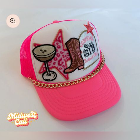 Classic Trucker With Patches On The Front Panel, And Custom Made Hat Chain! Mesh Back For Breathability Adjustable Snapback For A Custom Fit Adult Unisex Sizing One Size Fits Most Patchwork Trucker Hat, Fall Trucker Hat, Trucker Hat With Patches, Cute Trucker Hats, Cowgirl Cocktail, Trucker Hats With Patches, Hat Chain, Mountain Trip, Hat Bar