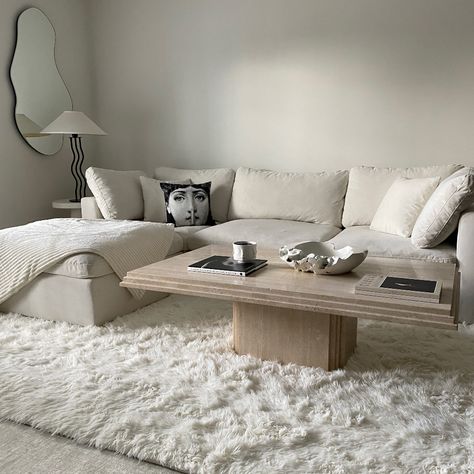 Cloud Couch Living Room Apartment, White Couch And Rug, Natural Couch Living Room, Rugs That Go With White Couches, Minimalist Area Rug Living Rooms, Living Room Rugs White Couch, Minimalist Rugs Living Room, White Couch White Rug, Rug Under White Couch