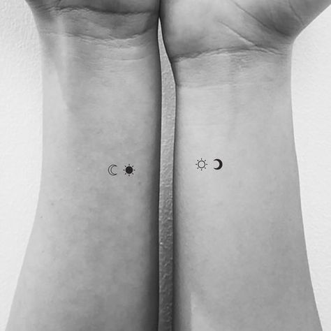 Moon And Sun Couple, Small Best Friend Tattoos, Friend Tattoos Small, Matching Bff Tattoos, Maching Tattoos, Matching Friend Tattoos, Cute Matching Tattoos, Tattoos Pinterest, Small Matching Tattoos