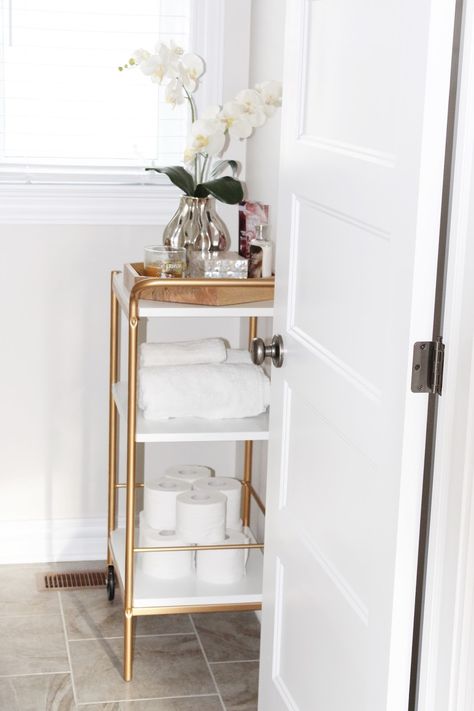 house of hire: Series- Shop Your Home: Part 2 ikea hack bar cart in bathroom for extra storage in a small space. Click to read more or pin and save for later! Ikea Bar Cart, Ikea Bar, Ikea Bathroom, Trendy Bar, Cart Decor, Living Room Essentials, Bar Cart Decor, Storage Cart, Web Images