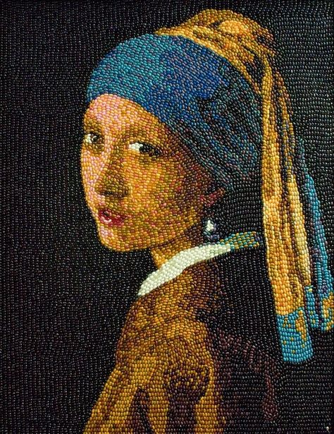 A jellybean version of Johannes Vermeer's Girl with a Pearl Earring (source: topsytasty.com) Confectionary Art, Girl With Pearl Earring, Jelly Belly Beans, Belly Art, Girl With A Pearl Earring, Amazing Food Art, Famous Artwork, Art Parody, Johannes Vermeer