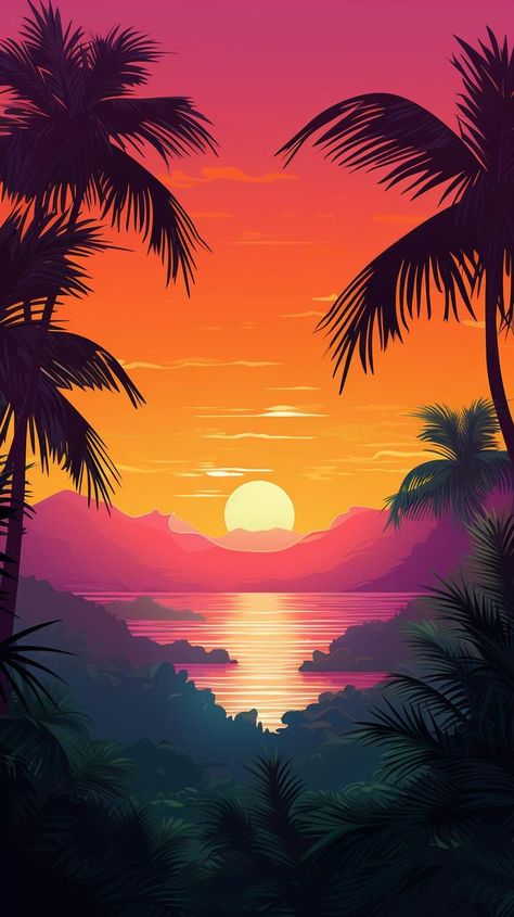 Experience the beauty of a Tropical Sunrise with vibrant colors painting the sky as the sun peeks over the jungle horizon. This stunning painting captures the essence of a new day dawning, filled with warmth and energy. #Tropical #Sunrise #VibrantColors #Painting #NatureArt #JungleHorizon #ArtisticInspiration #NewDayDawning Sun Set Aesthetic, Sunset Mural, Painting The Sky, Colors Painting, Game Background, Beach Aesthetic, A New Day, Nature Art, Artist Inspiration