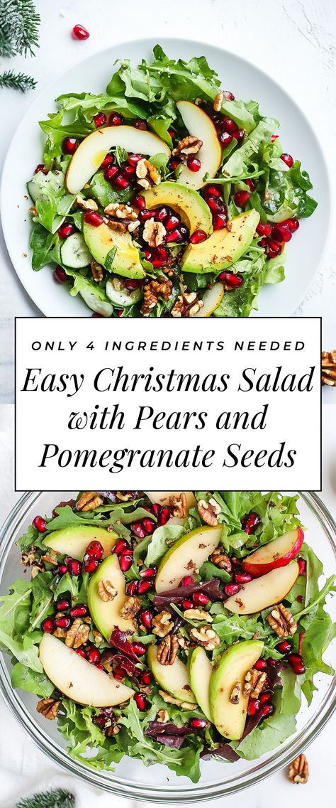 Image for Easy Christmas Salad with Pears and Pomegranate Seeds Strawberry Pomegranate Salad, Spinach Pomegranate Feta Salad, New Years Salad Ideas, Fall Salad Pomegranate, Winter Salad With Pomegranate, Salad Pomegranate Seeds, Festive Salad Recipes, Pear Cranberry Salad, Mediterranean Christmas Food