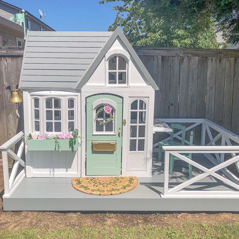 Country Vista Playhouse Makeover, Costco Playhouse Makeover, Wooden Playhouse Makeover, Costco Playhouse, Playhouse Kids, Outside Playhouse, Playhouse Makeover, Backyard Playset, Girls Playhouse