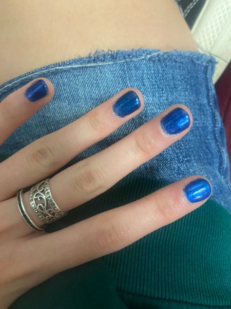 Blue Painted Nails Short, Cool Nail Polish Ideas, Twee Style Nails, Blue Nail Polish Aesthetic, Cerulean Blue Nails, Chipped Nail Polish Aesthetic, 2011 Nails, Funky Blue Nails, Blue Nails Sparkle